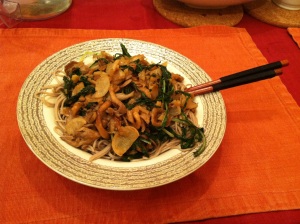Braised oyster mushrooms, turnips, and mizuna over soba